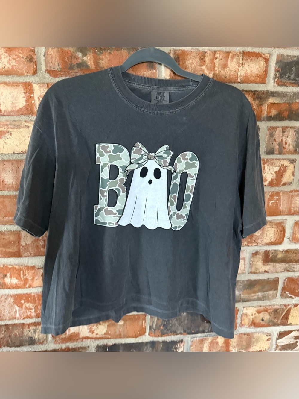 Comfort Colors Pepper Cropped Short Sleeve Tee with Camo 'BOO' Ghost Graphic